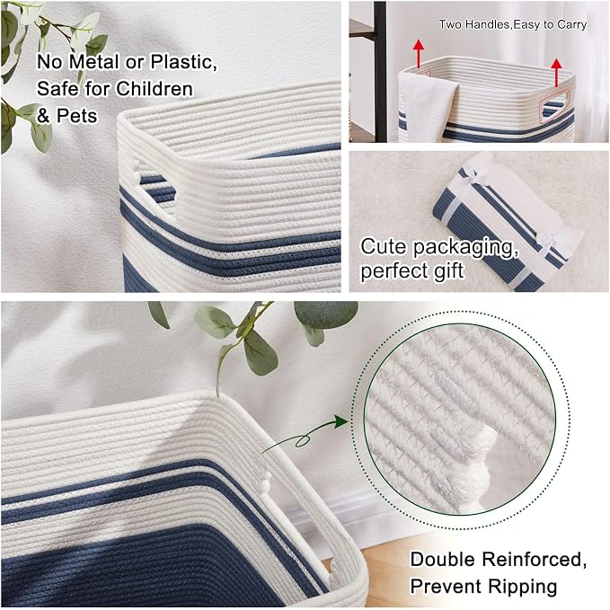 OIAHOMY Laundry Hamper-Laundry Basket,Tall Cotton Storage Basket with Handles,Decorative Blanket Baskets for Living room,Collapsible Large Baskets for Toys,Pillows,Clothes-16x13x22in-Blue - Image 4