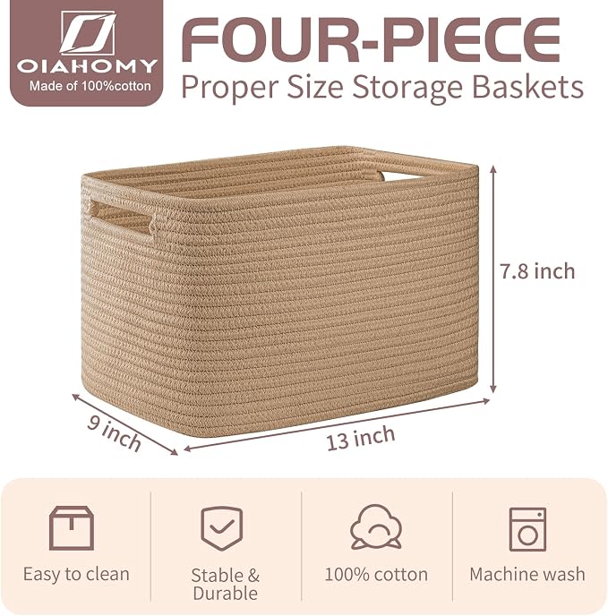 OIAHOMY 4 Pack Storage Baskets for Organizing, Cube Storage Bins for Shelves, Rectangle Storage Baskets With Handles, Woven Baskets for Storage, 12.7''Lx9''Wx7.8''H, Yellow - Image 2