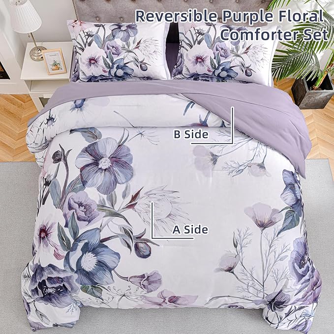 Drucon Floral Comforter Set Queen Size 3 Piece Purple Floral Bed in a Bag, Soft Microfiber Bedding Set for All Season (Purple, 90"x90")