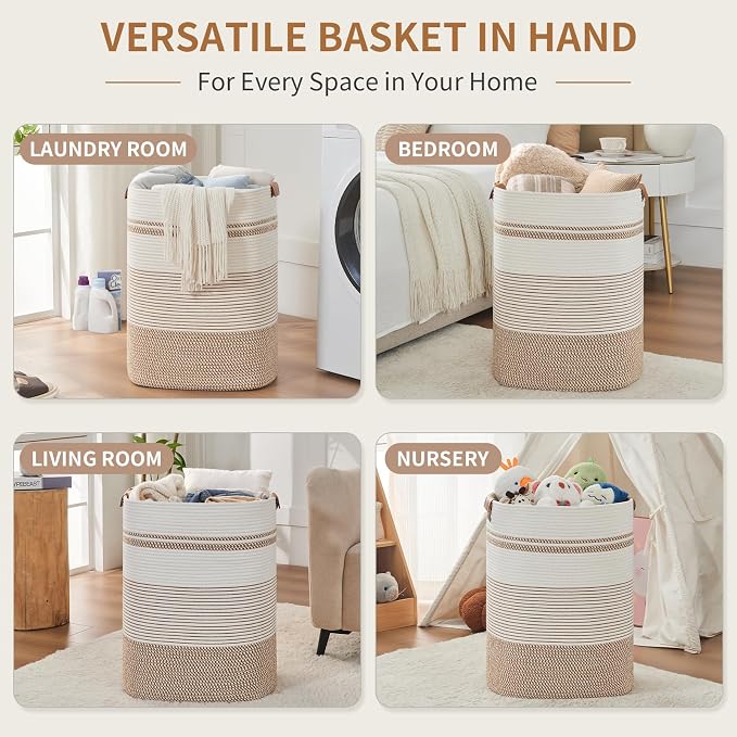 AINUOQI Laundry Basket with Handles - Blanket Basket & Hampers for Bedroom Aesthetic, Laundry Hamper & Blanket Storage for Living Room, Clothes Hamper, Tall, Large 17" x 14" x 22”, Brown & White - Image 3
