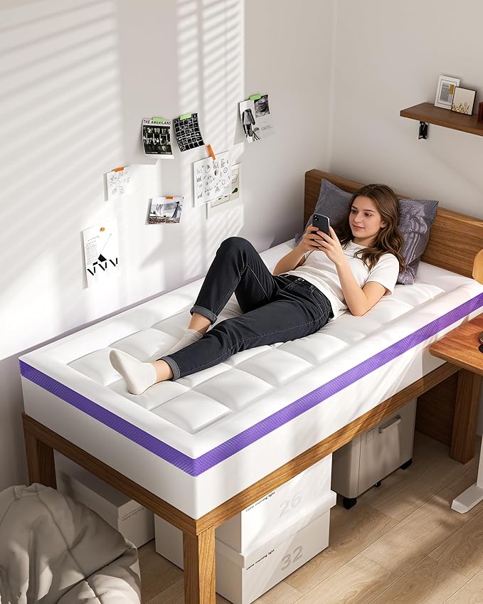 Dual Layer 4 Inch Memory Foam Mattress Topper Twin XL - 2 Inch Gel Memory Foam and 2 Inch Pillow Top Mattress Pad, 7-Zone Egg Crate Twin XL Size Mattress Topper(White)