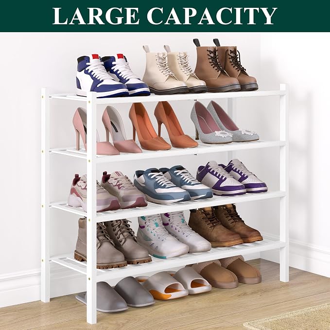 Smiry Bamboo Shoe Rack for Closet, 4 Tier Wooden Stackable Shoe Organizer, Free Standing Shoes Storage Shelf for Entryway, Front Door Entrance, White - Image 5