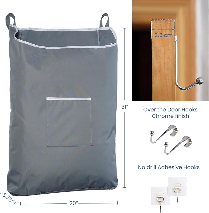 The Fine Living Co. X-Large Hanging Laundry Hamper with Over Door Hooks & Adhesive, Durable Space Saving Laundry Bag with Zipper and Wide Open Top,Hanging Dorm Laundry Hamper 20"x3.75"x31" (Gray-XL) - Image 2