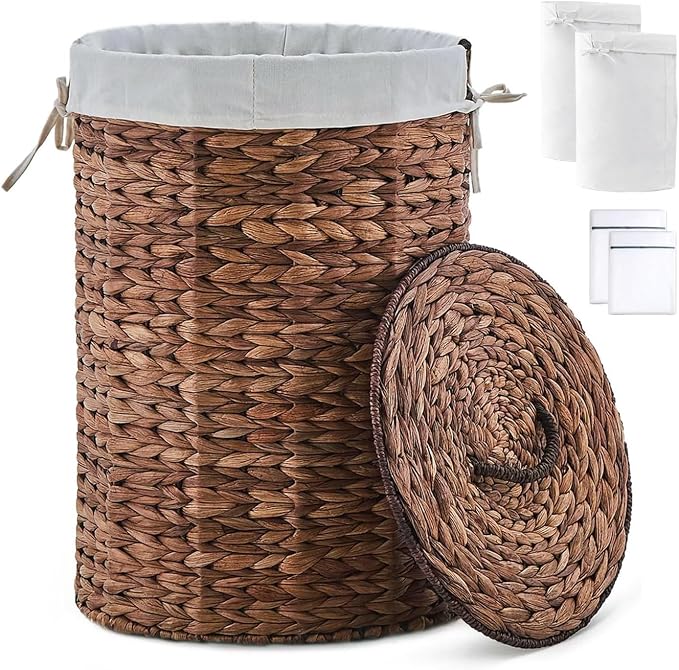 Round Water Hyacinth Laundry Hamper with Lid Handwoven Wicker Basket with Handles for Dirty Clothes, Storage, and Organization Ideal for Bedroom, Bathroom, and Laundry Room, No Assembly Required, 60L by LGENHOOMHandwovenNaturalWaterHyacinthBasket