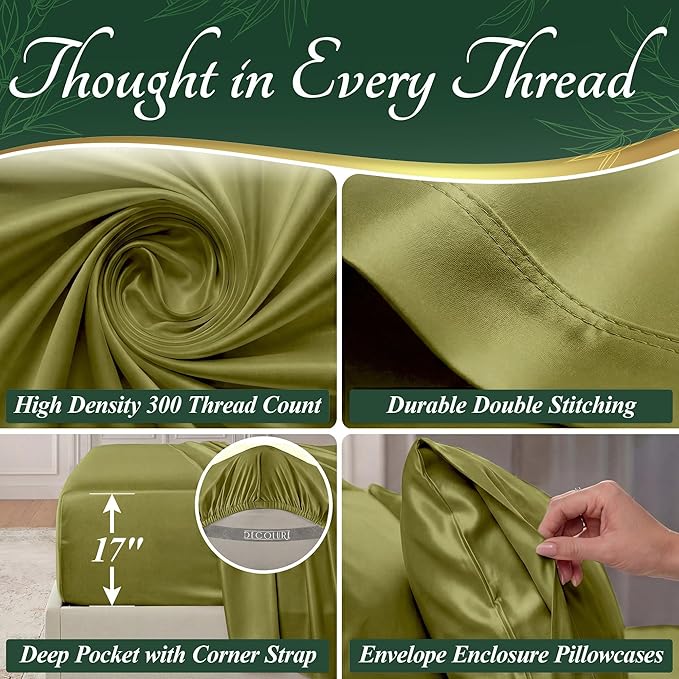 DECOLURE 100% Viscose Derived from Bamboo Sheets King Size - Luxury 6 Pc Naturally Cooling Sheets, Ultra Soft Bed Set - Deep 17" Pockets, Durable Double Stitching, Oeko Tex Standard (Light Olive)