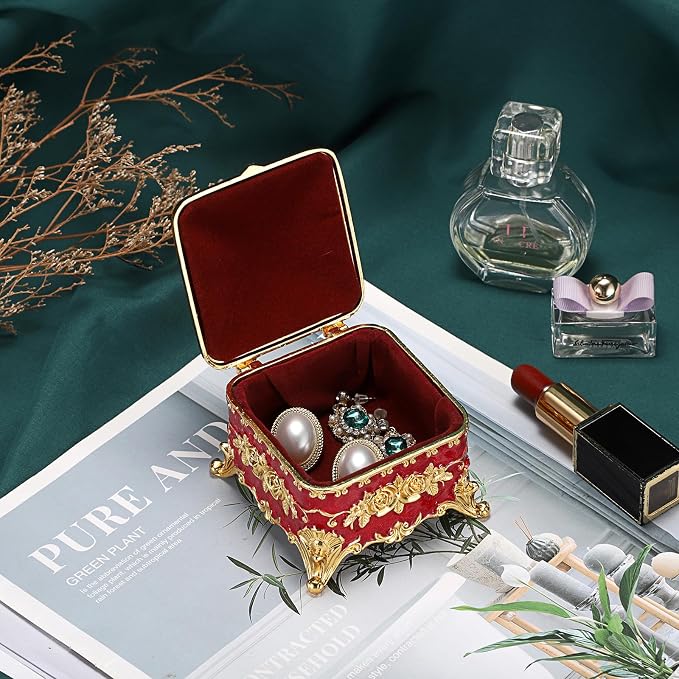 Hipiwe Vintage Metal Jewelry Box - Small Trinket Organizer Ring Box Case with Rose Pattern Jewelry Storage Box for Ring Earrings Necklace, Keepsake Box for Women,Red - Image 3