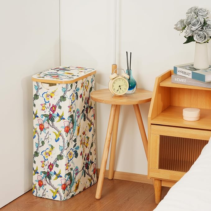 efluky Slim Laundry Basket with Lid, Narrow Laundry Hamper with Removable Bag, Skinny Dirty Clothes Basket with Bamboo Handles for Bathroom, Bedroom & Laundry Room, 75L Floral - Image 4