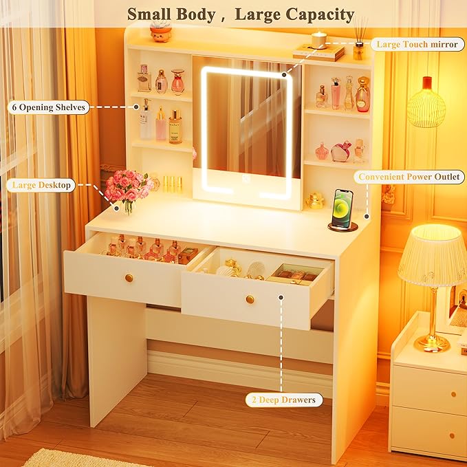 HUAHUU Vanity Desk with Mirror and Lights, 31" Makeup Vanity Desk with Lights 3 Colors, Small Vanity with 2 Storage Drawers & 6 Shelves for Girls Women Bedroom, White