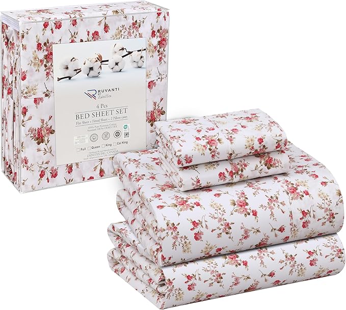 RUVANTI 100% Cotton Sheets – California King Percale Bedding, Cooling & Breathable Floral Design, Durable with a Crisp, Soft & Comfortable Feel, 14" Deep Pocket, 4-Piece Set, Bouquet