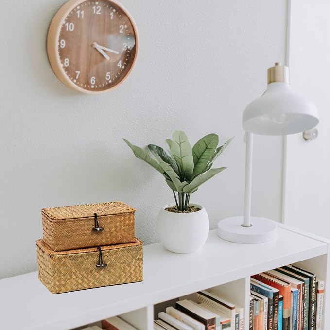Set of 2 Wicker Basket with Lid, Seagrass Woven Basket for Storage, Decorative Storage Baskets Bins for Organizing Home - Image 5