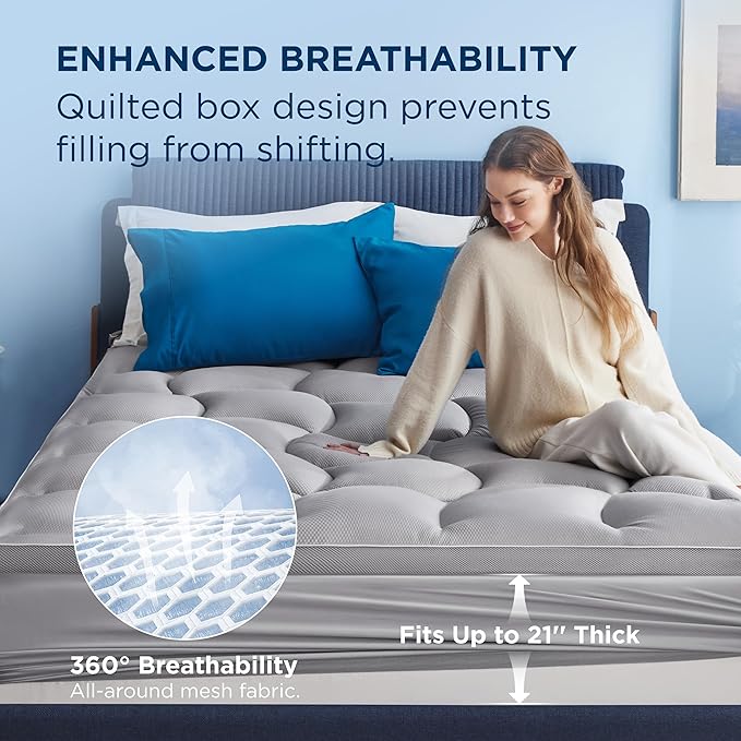 Bedsure Waterproof Mattress Topper Queen - Pillow Top Queen Mattress Protector with 8-21 Inches Deep Pocket, 800 GSM Extra Thick Bed Pad Fitted, Soft Bed Cover for Home, Bedroom, Hotel - Grey