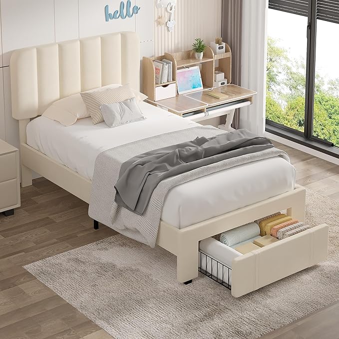 VECELO Twin Size Upholstered Bed Frame with 4 Drawers and Headboard, Velvet Platform Storage Bedframe, Wooden Slats Support, No Box Spring Needed,Bone Beige