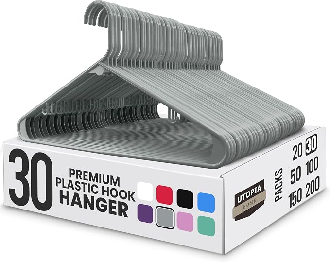 Utopia Home Plastic Hangers 30 Pack - Clothes Hanger with Hooks - Durable & Space Saving (Grey) by UTOPIAHOME