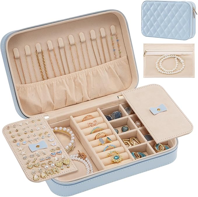 Lolalet Travel Jewelry Case for Women Girls, Travel Jewelry Organizer Box with Mirror & Clear Storage Bag, Small Portable Earring Necklace Bracelet Ring Case, Birthday Valentine Gifts -Medium, Blue by Lolalet