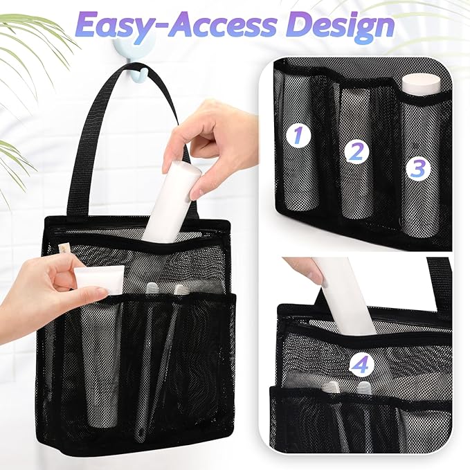 famichan Portable Mesh Shower Caddy, Gym Travel Camp Dorm Room Essentials for College Student Boy Girl, Bathroom Shower Bag - Black - Image 2
