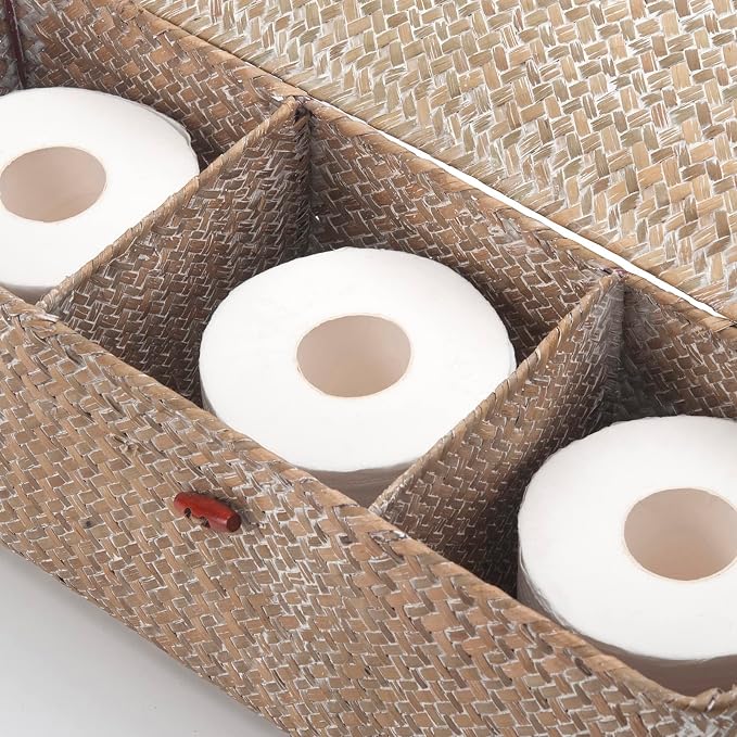 Whitewash Seagrass Tank Basket with Lid Woven Toilet Roll Storage Basket with Sections Rectangular for Organize Snack Toys (Large Compartment 16.5inch L x 5.5inch W x 5.5inch H) - Image 2