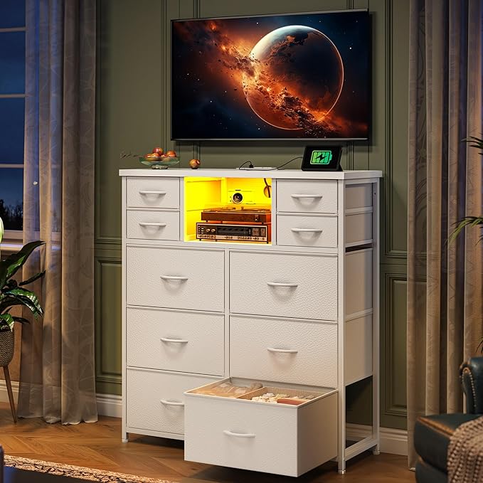 Romorgniz White Dresser for Bedroom with 10 Drawers Featuring LED Light and Power Outlet, Fabric Dressers & Chest of Drawers with Open Shelves for Hallway, Living Room, Steel Frame,Wood Top