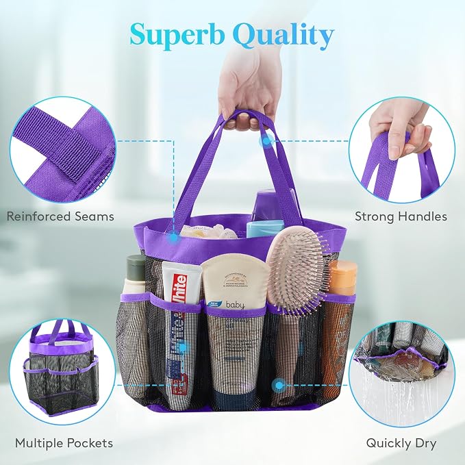 Lifewit Mesh Shower Caddy Portable for College Dorm Room Essentials with 7 Pockets, Freestanding Hanging Organizer Basket, Quick Dry Tote Bag for Camping, Bathroom, Beach, Travel, 1 Pack, Purple - Image 5