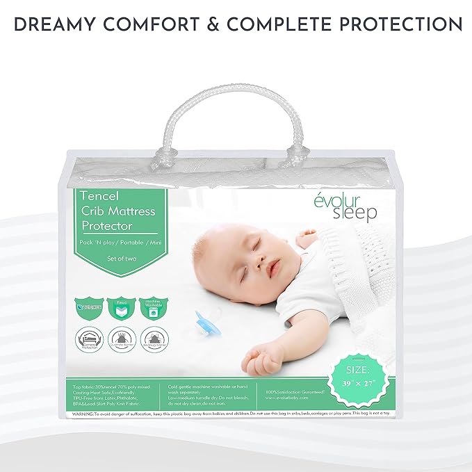 Evolur Portable Crib Tencel Waterproof Mattress Protector Pad and Fitted Sheet, White (2 Pack)