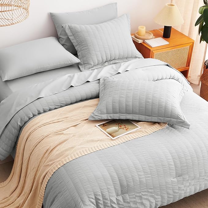 CozyLux King Size Comforter Set Light Grey Seersucker 7 Pieces Bed in a Bag King Comforter Set with Sheets, Light Gray Luxury Bedding Sets with Down Alternative Comforter, Sheets, Pillowcases & Shams