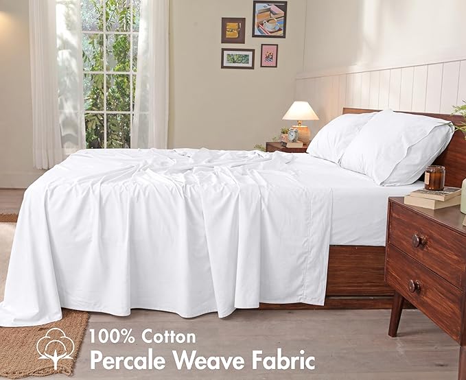 RUVANTI 100% Cotton Sheets – Split King Size Percale Bedding, Cooling & Breathable, Durable with a Crisp, Soft & Comfortable Feel, 16" Deep Pocket, 5-Piece Set, Bright White