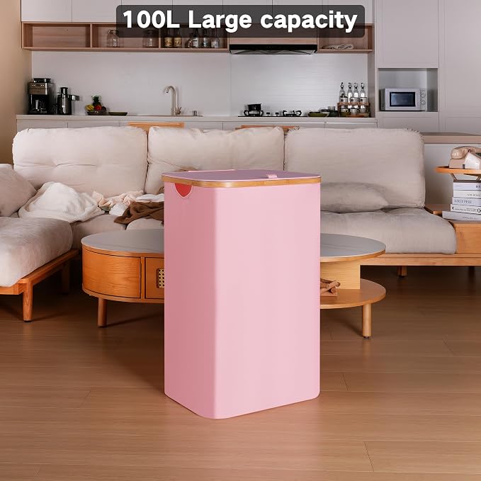 100L Laundry Hamper with Lid, Lagre Basket with Bamboo Handles,Foldable Clothes Hamper Tall Dirty Laundry Basket for Clothes Toys Towels Organizing,Pink - Image 4