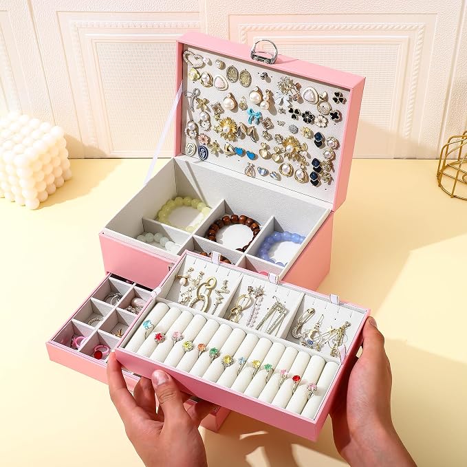 BOOVO Earring Jewelry Box For Women Girl Stud Organizer, 5 Layers Girl Jewelry Organizer Box With Lock Earring Holder Organizer Necklace Ring Jewelry Organizer Box For Girls (Pink) - Image 3