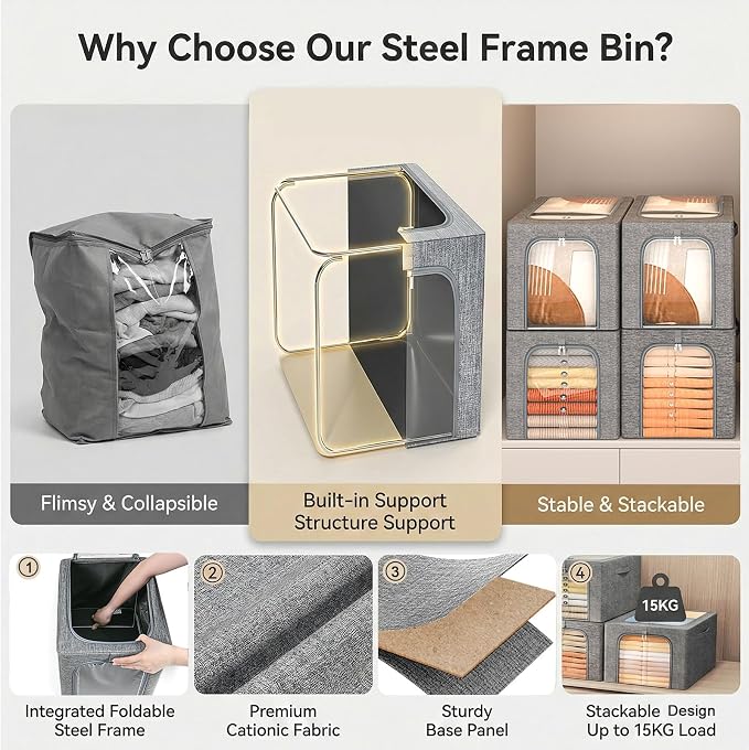 GoMaihe Clothes Storage Bins Metal Frame: 55L Extra Large Stackable Closet Storage Bin with Lid & Clear Window, Heavy Duty Blanket Box for Winter Coats Comforters (Fits Deep Closet 6-Pack) - Image 2