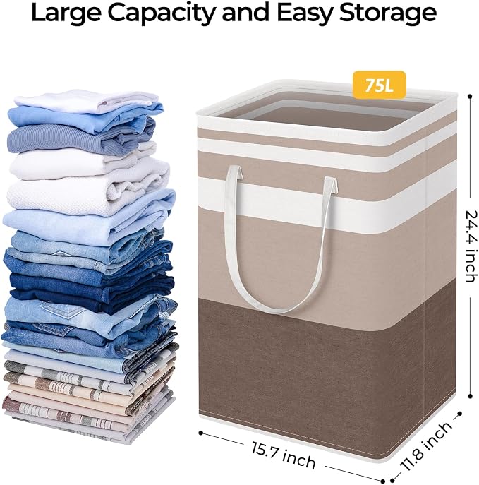 HomeHacks 2-Pack Large Laundry Basket, Waterproof, Freestanding Laundry Hamper, Collapsible Tall Clothes Hamper with Extended Handles for Clothes Toys in the Dorm and Family (Brown, 75L) - Image 4