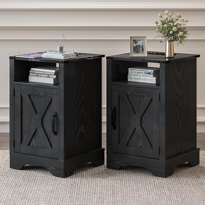 RoyalCraft 25" Tall Nightstands Set of 2, Farmhouse Nightstand with Charging Station, Large Wood End Table with Storage, Black Bedside Table for Bedroom