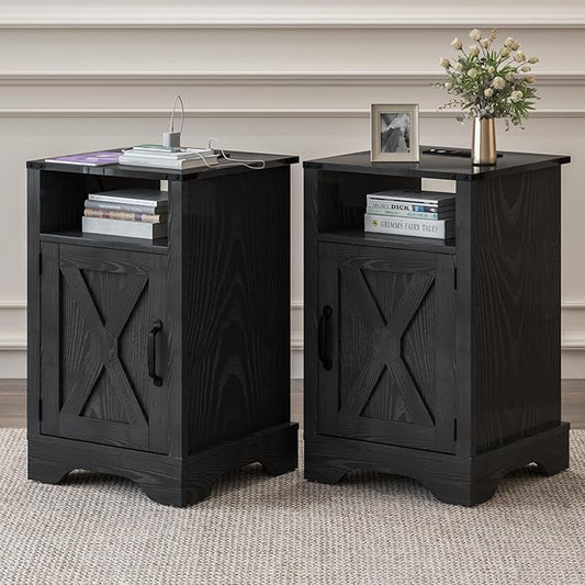 RoyalCraft 25" Tall Nightstands Set of 2, Farmhouse Nightstand with Charging Station, Large Wood End Table with Storage, Black Bedside Table for Bedroom