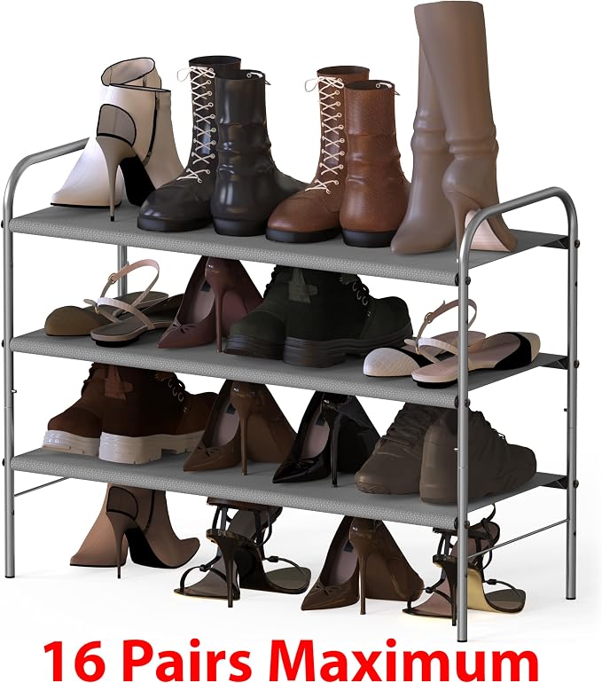 Simple Houseware 3-Tier Shoe Rack Storage Organizer, Grey – Space-Saving Shoe Shelf, Holds 9–16 Pairs, Sturdy Metal Frame, Easy Assembly – Closet, Entryway, Bedroom Shoe Storage Solution - Image 3