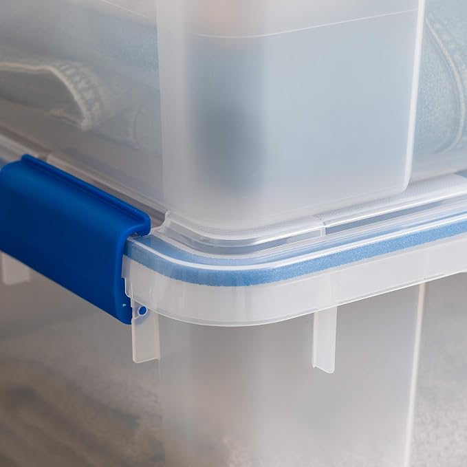 IRIS USA WeatherPro 27 & 44 Qt Storage Bins with Lids, 4 Pack, BPA-Free Plastic Gasket Box with Tight Latch and Seal, Stackable Nestable Tote Tub - Clear/Blue - Image 7