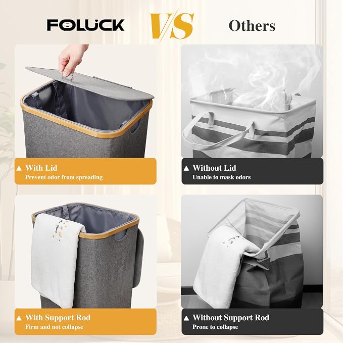 Foluck Large Laundry Hamper, 100L Waterproof Laundry Basket with Lid and Removable Bag, Collapsible Tall Clothes Hamper with Bamboo Handles for Clothes Toys in Dorm Bedroom Bathroom, Grey - Image 5
