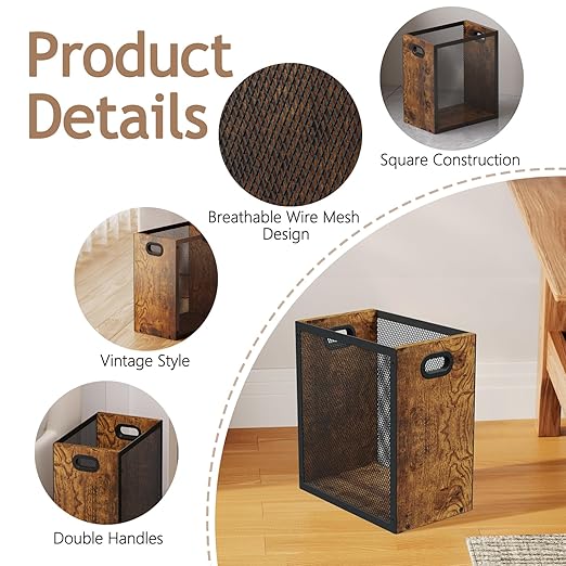 Small Trash Can, Retro Garbage Can With Handle, Iron and Wood Combination Office Trash Can, Industrial Style Design Wastebasket Bin for Bathroom, Laundry Room, Kitchen, Office, Dorm(2.2 Gallon) - Image 3