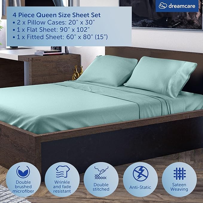 DREAMCARE Queen Size Sheets - Cooling Bed Sheets - 4pcs Set - up to 15" Deep Pocket Queen Sheet Set - Sheets Queen Size Bed - Soft & Long Lasting 100% Fine Microfiber with Side Pocket - Spa Blue