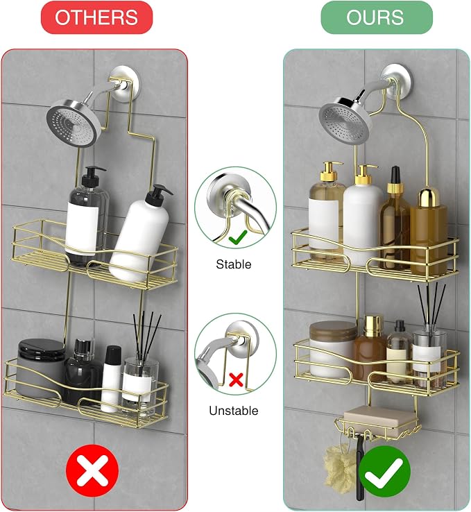 DAOYA Over the Shower Head Caddy - 3 Tier Shower Caddy Hanging, Gold Bathroom Organizer with Soap Holder & Hooks - Image 5