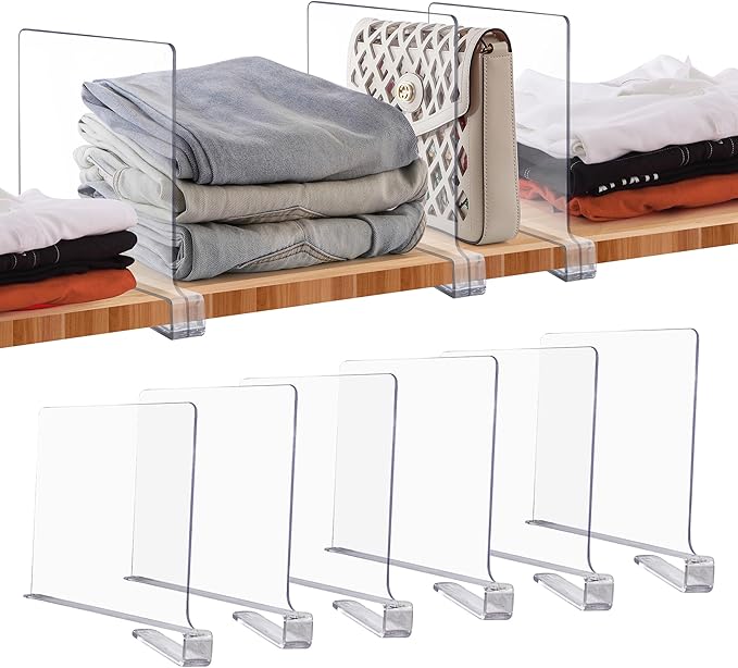 JOY DECOR 6 Pack Acrylic Clear Shelf Dividers for Closets Organizer and Storage Adjustable Vertical Wood Shelf Closet Separators for Clothes,Book,Bags in Bedroom and Kitchen by JOY+DECOR