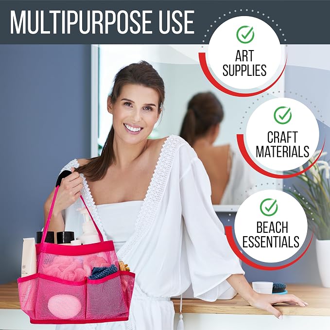 Masirs Shower Caddy Mesh - 9 Pocket Portable Bathroom Organizer Tote for Travel, Gym & Dorm - Collapsible Small Shower Caddy Bag to Hold Toiletries & Essentials (Pink) - Image 4