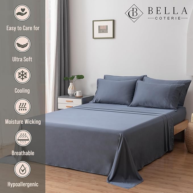 Bella Coterie 6 Piece Luxury Bamboo Viscose Split Top King Size Sheet Set | 34" Split for Adjustable Beds | 100% Organically Grown| Cooling | 18” Deep Pocket | 4 Pillowcases [Slate Blue]