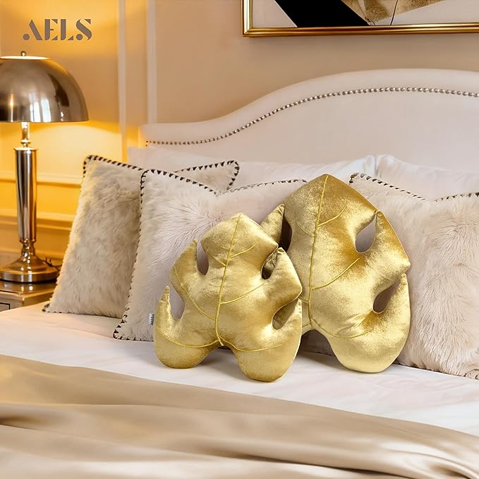 AELS Set of 2 3D Leaves Decorative Throw Pillows, 18"& 14" Monstera Deliciosa Plush Pillow Set for Plant Lovers Garden Lovers, Living Room Bedroom Nursery Decor, Golden