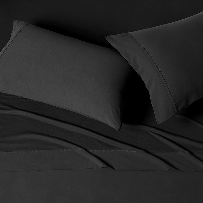 Amazon Basics 100% Cotton Jersey Bed Sheet Set, Queen, Black, Solid
