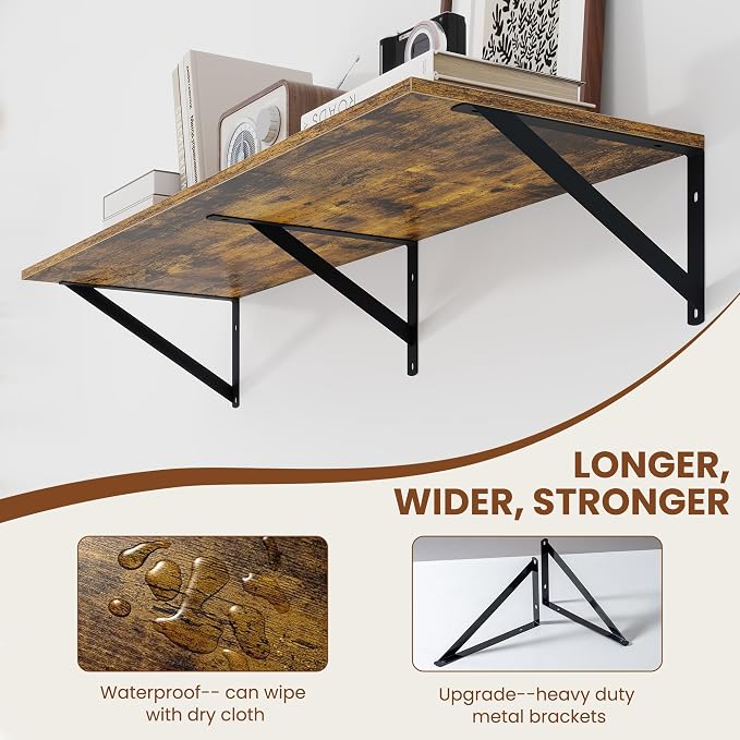 Heimlove Deep Floating Shelves for Wall, 36W x 12D Wood Wall Shelves Set of 2, Wide Floating Bookshelf for Living Room, Kitchen, Office, Bedroom and Decor Storage, with Metal Bracket - Rustic Brown - Image 5