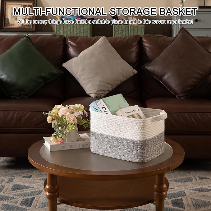 OIAHOMY Woven Storage Basket for Shelves, Rectangle Cotton Rope Baskets for Organizing, 13 x 10 x 9 in, Storage Bins for Dog Toys,Towel,Books,Gift,Grey and White - Image 7