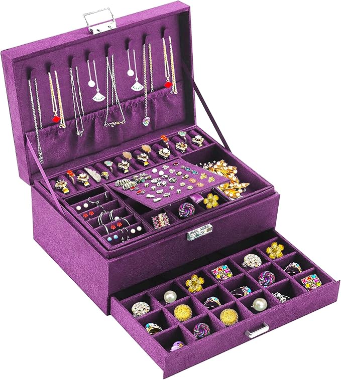 QBestry 3-Layer Jewelry Box for Women with Lock and Key & Drawer, Large Jewelry Organizer with 8 Necklace Hooks & 56 Earring Holes, Purple Velvet Jewelry Storage Box for Necklace Earring Ring Bracelet by QBestry