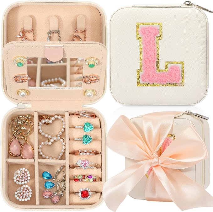 CHMI Travel Jewelry Case, White Travel Jewelry Box, Travel Jewelry Organizer, Travel Gifts for Women Girls, Jewelry Organizer Box, Birthday Gifts for Women, Christmas Gifts for Teens Girls - Initial L by CHMI