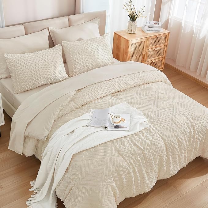 Andency Oversized King Size Comforter Set with Sheets Beige - 7 Pieces Bed in a Bag Oversized King Boho Tufted Lightweight Bedding Sets with Comforter, Sheets, Pillowcases & Shams