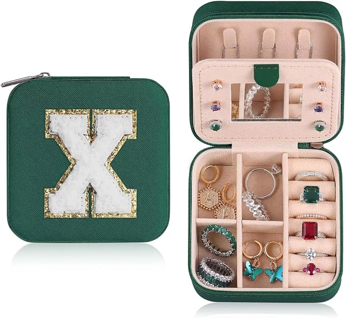 ETHOON Jewelry Travel Case Small Organizer Stocking Box Personalized Gifts Teenage Jewelry Accessories Holiday Christmas Gift for Women Green, Letter X by ETHOON