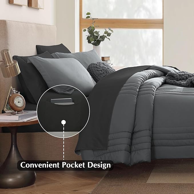 Monbix Full Comforter Set - 7 Pieces Grey Bed in a Bag Full Size Bedding Sets with Comforters, All Seasons Comforter with Sheets, Pillowcases & Shams
