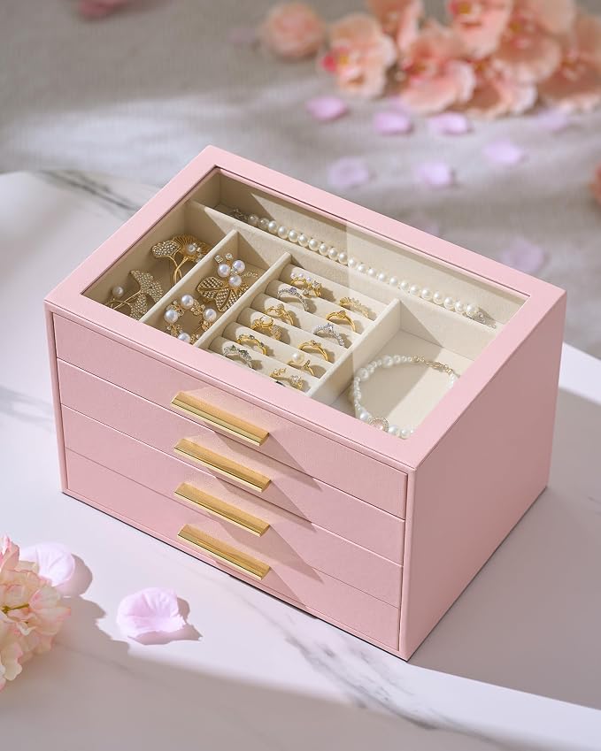 pickpiff Jewelry Box Organizer Case for Women: 4-Layer Jewelry Storage Case with Glass Window, Pink Leather with Velvet Holder for Ring Necklace Bracelet Brooch Watch, Great Gift for Her - Image 3